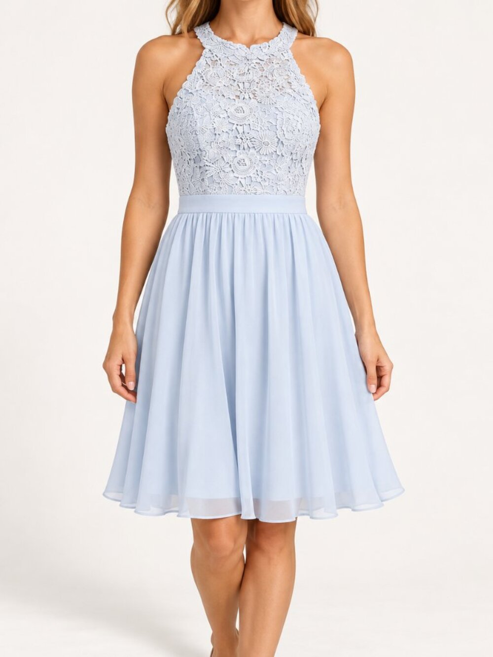 Lulus Lover’s Game Light Blue Lace Chiffon Skater Dress Size M